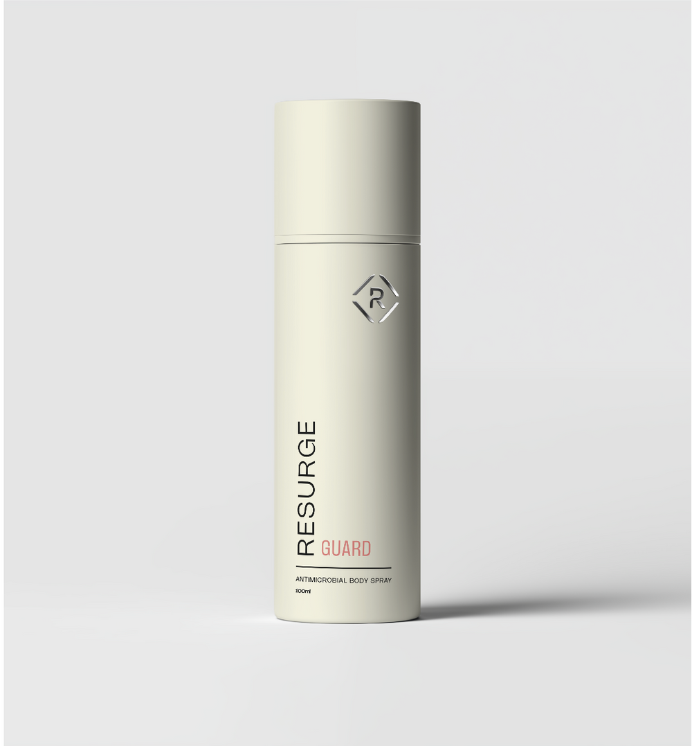 Skincare bottle labeled 'Resurge Guard' on a light gray background