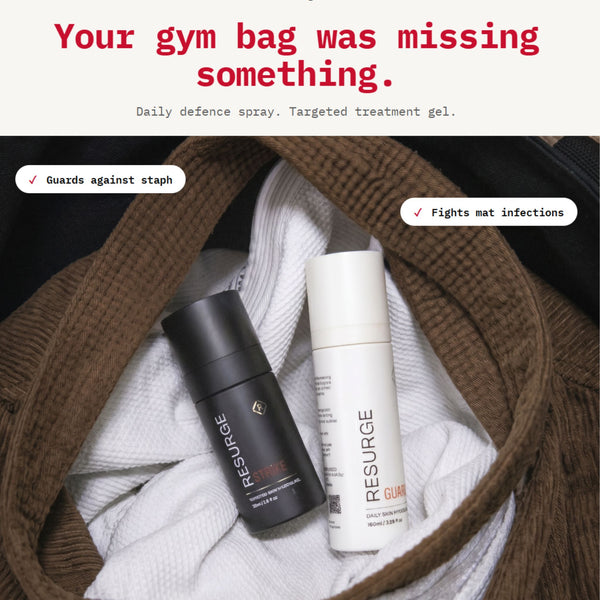 RESURGE GUARD spray and STRIKE gel in a combat athlete's gym bag