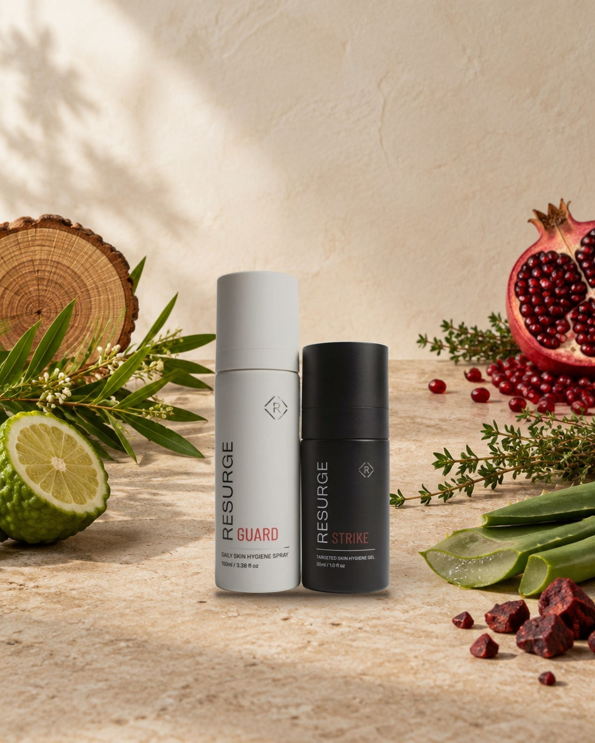 GUARD and STRIKE with totara wood, lemon myrtle, bergamot, pomegranate, thyme, aloe vera and dragon's blood resin