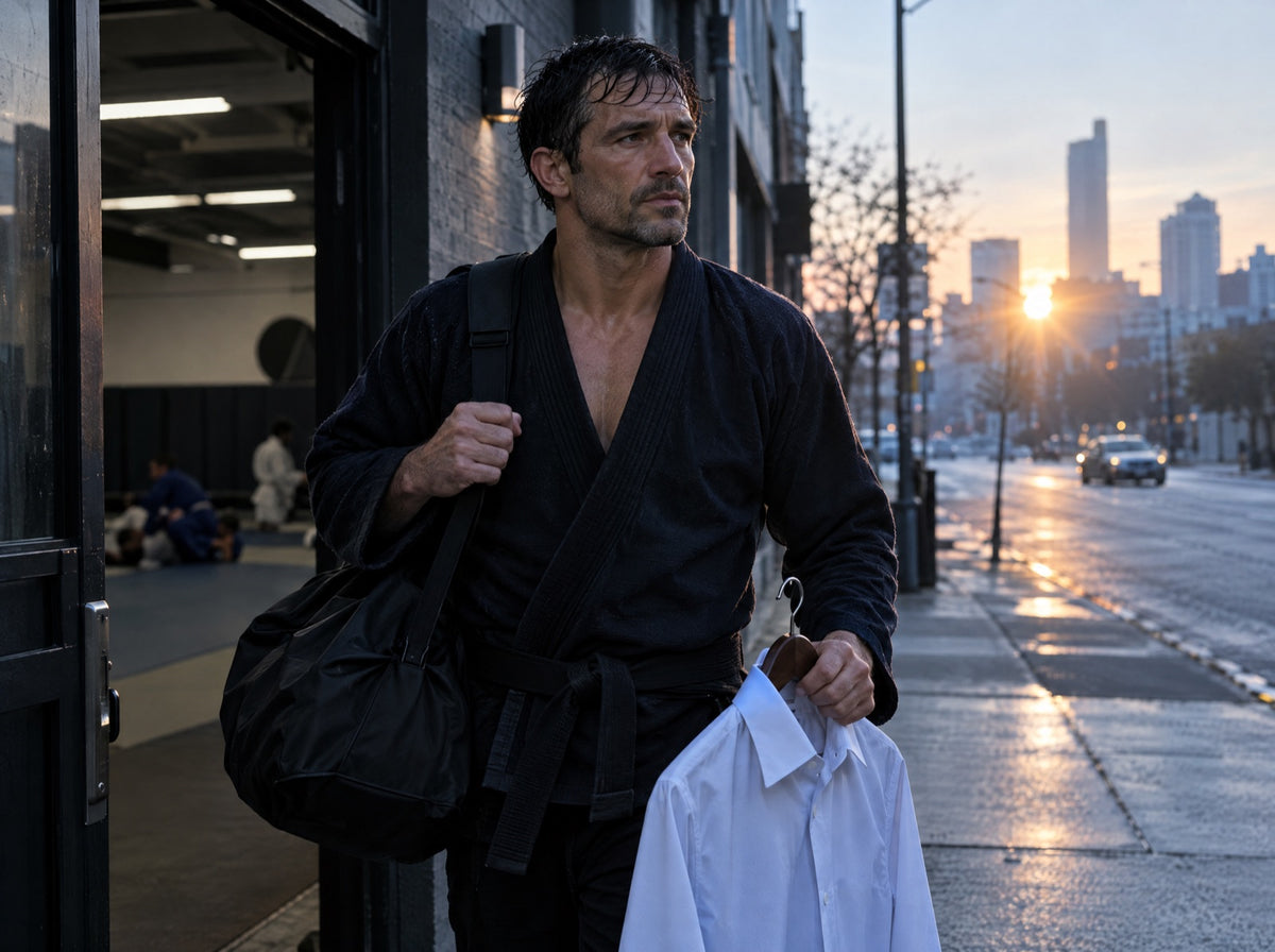 Grappler leaving the gym at sunrise with a work shirt