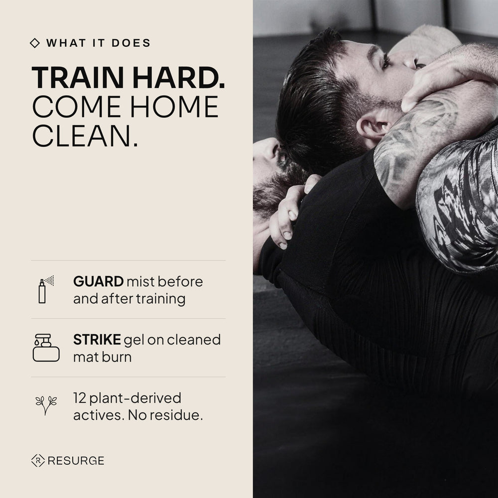 Resurge Combat Kit: GUARD daily skin hygiene spray 100ml and STRIKE targeted skin hygiene gel 30ml on a stone plinth